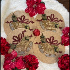 NWT FOUR Christmas Bells Holiday Bead Embellished Placemat Chargers